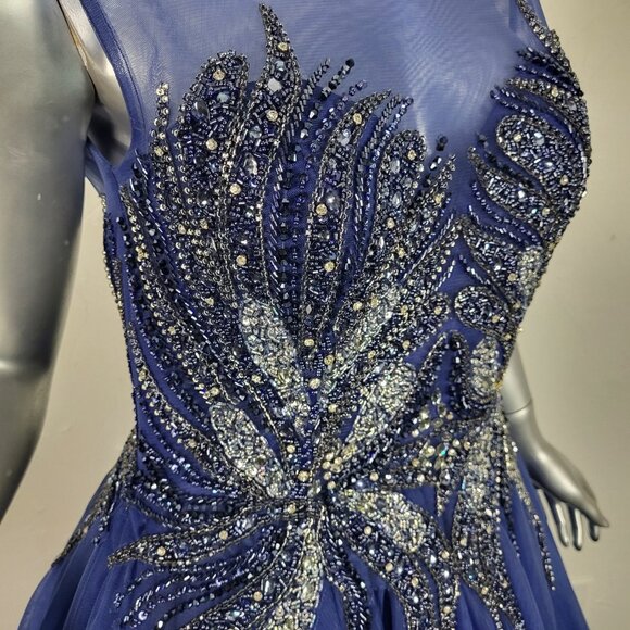 NWT~$625~FLAIR~6~BLUE BEADED EMBELLISHED FIT & FLARE PROM BALL GOWN MAXI DRESS - Picture 4 of 16